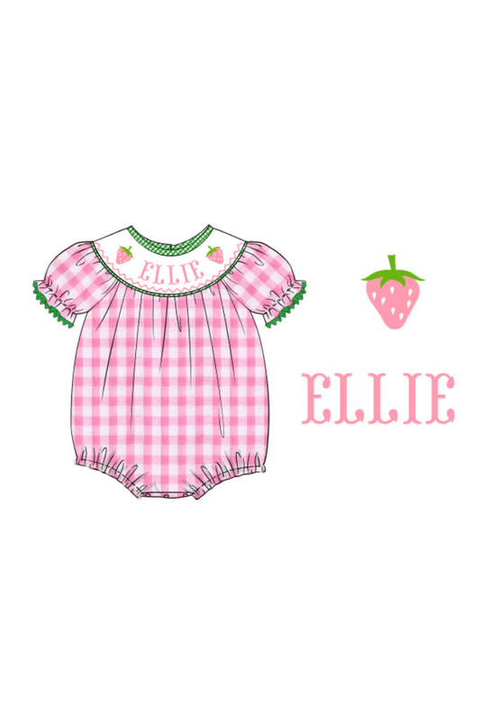 The Smocked Flamingo Pre-Order Custom Name Pink Gingham Strawberry Bubble