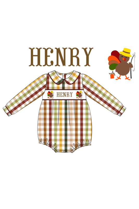 The Smocked Flamingo Pre-Order Custom Name Plaid Fishing Turkey Bubble