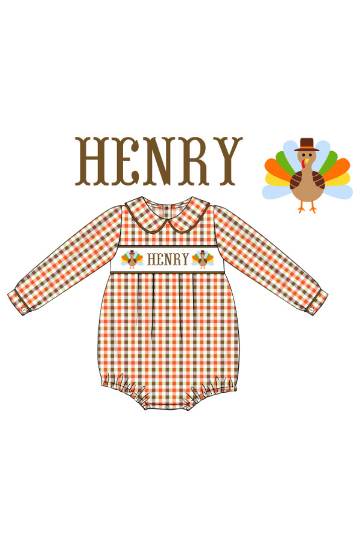 The Smocked Flamingo Pre-Order Custom Name Plaid Turkey Bubble