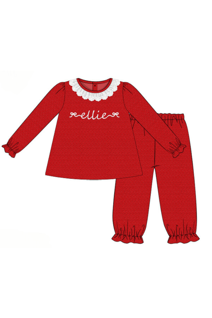 The Smocked Flamingo Pre-Order Custom Name Red Honeycomb Pant Set