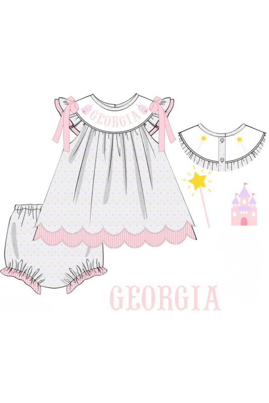 The Smocked Flamingo Pre-Order Custom Name Smock Princess Party Bloomer Set