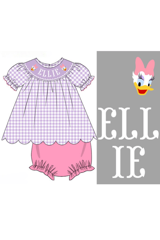 The Smocked Flamingo Pre-Order Custom Name Smock Purple Gingham Bloomer Set