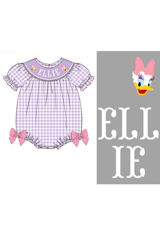 The Smocked Flamingo Pre-Order Custom Name Smock Purple Gingham Bubble