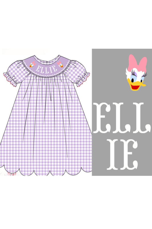 The Smocked Flamingo Pre-Order Custom Name Smock Purple Gingham Dress