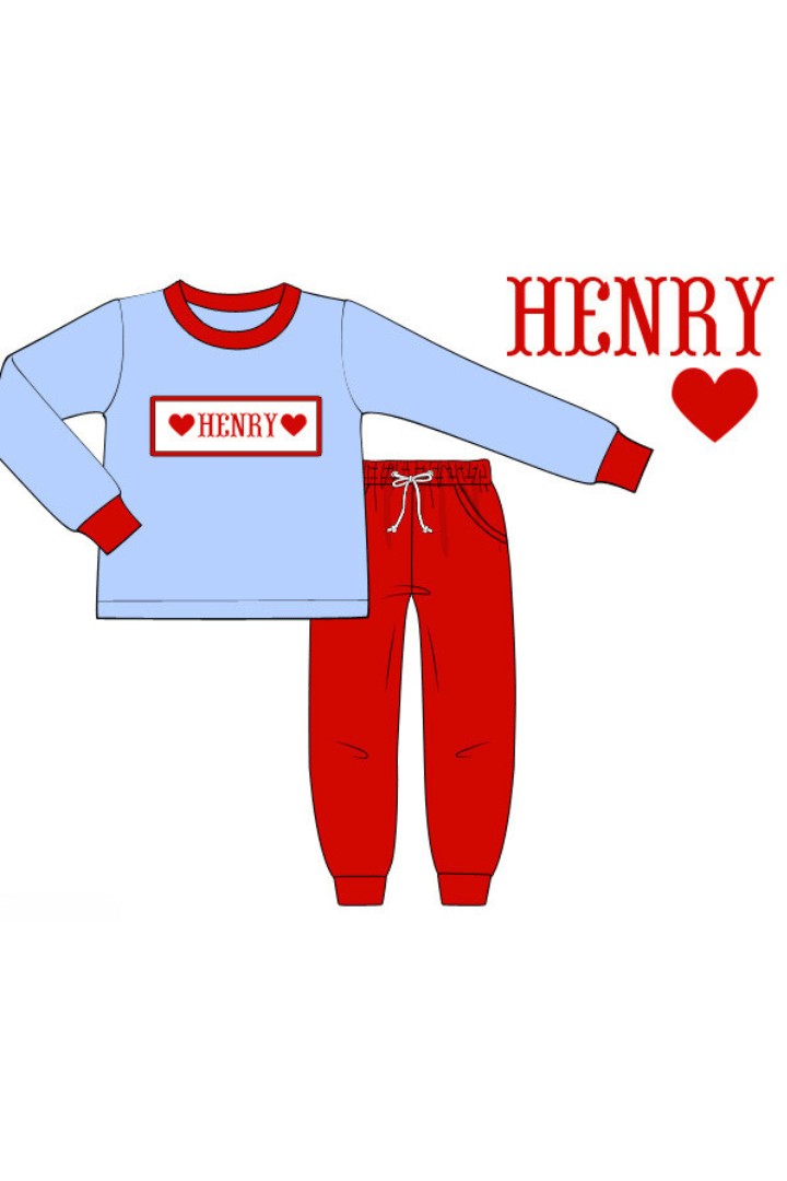 The Smocked Flamingo Pre-Order Custom Name Smocked Blue/Red Knit Jogger Set