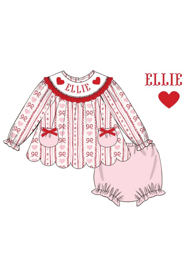 The Smocked Flamingo Pre-Order Custom Name Smocked Fancy Hearts Scalloped Bloomer Set