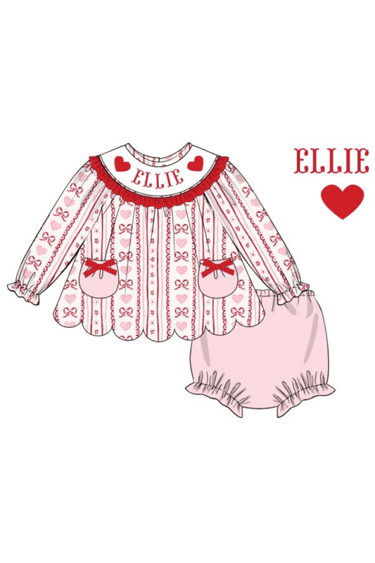 The Smocked Flamingo Pre-Order Custom Name Smocked Fancy Hearts Scalloped Bloomer Set