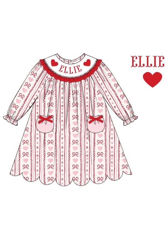 The Smocked Flamingo Pre-Order Custom Name Smocked Fancy Hearts Scalloped Dress