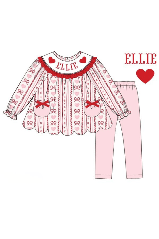 The Smocked Flamingo Pre-Order Custom Name Smocked Fancy Hearts Scalloped Pant Set