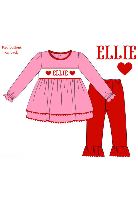 The Smocked Flamingo Pre-Order Custom Name Smocked Pink/Red Knit Pant Set