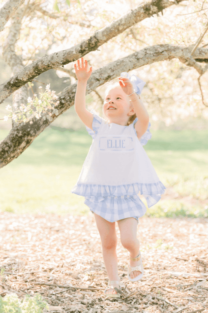 The Smocked Flamingo Pre-Order Custom Name Smocked Swiss Dot Blue Gingham Bow Bloomer Set