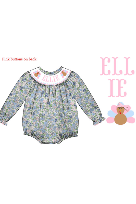 The Smocked Flamingo Pre-Order Custom Name Turkey Floral Long Sleeve Bubble