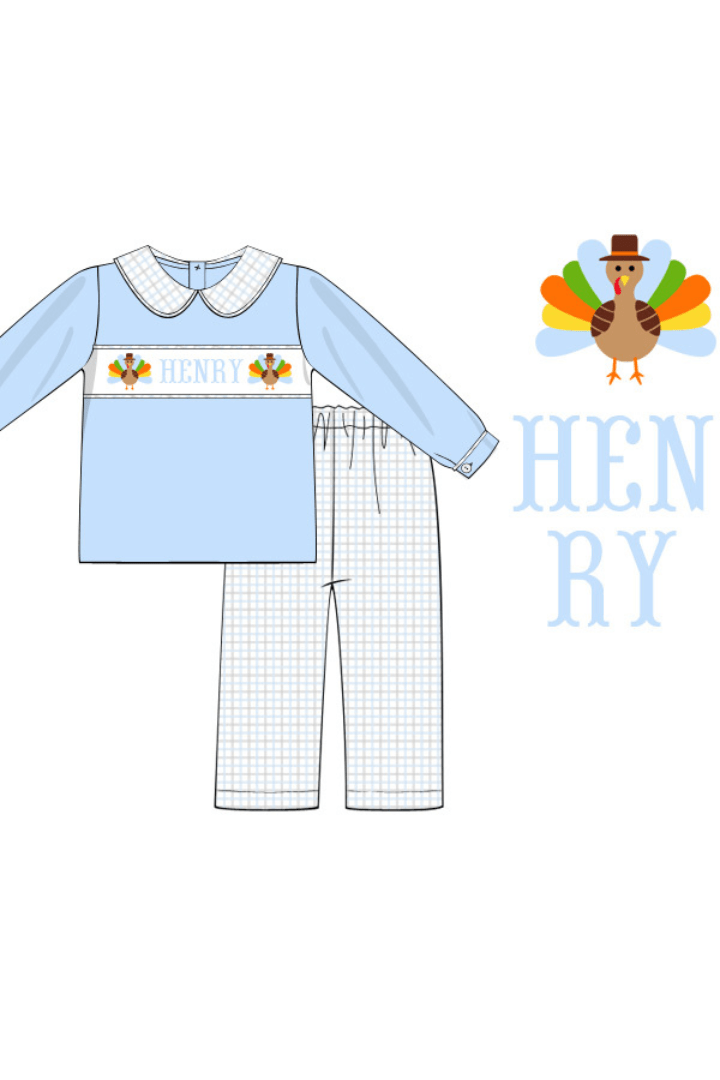 The Smocked Flamingo Pre-Order Custom Name Windowpane Floral Turkey Pants Set