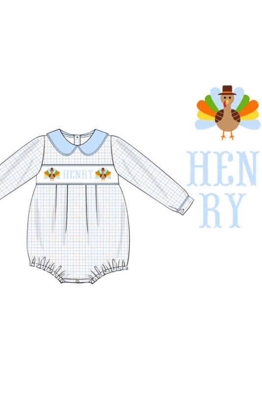 The Smocked Flamingo Pre-Order Custom Name Windowpane Turkey Bubble