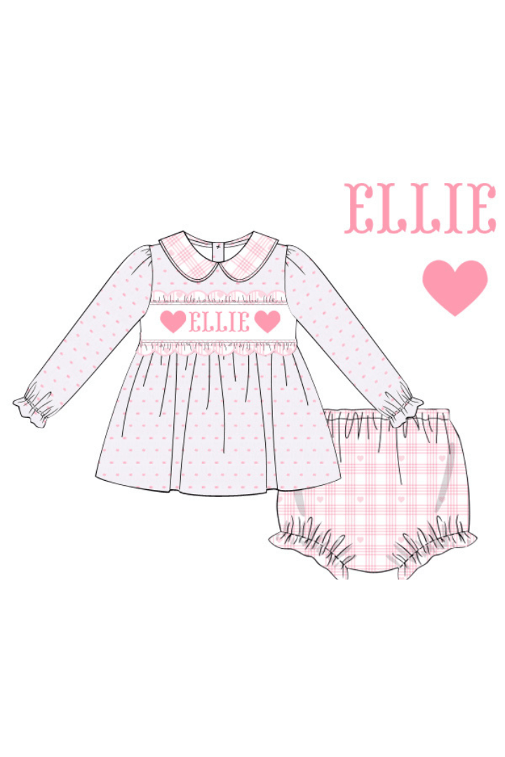 The Smocked Flamingo Pre-Order Custom Smocked White and Pink Swiss Dot Heart Bloomer Set