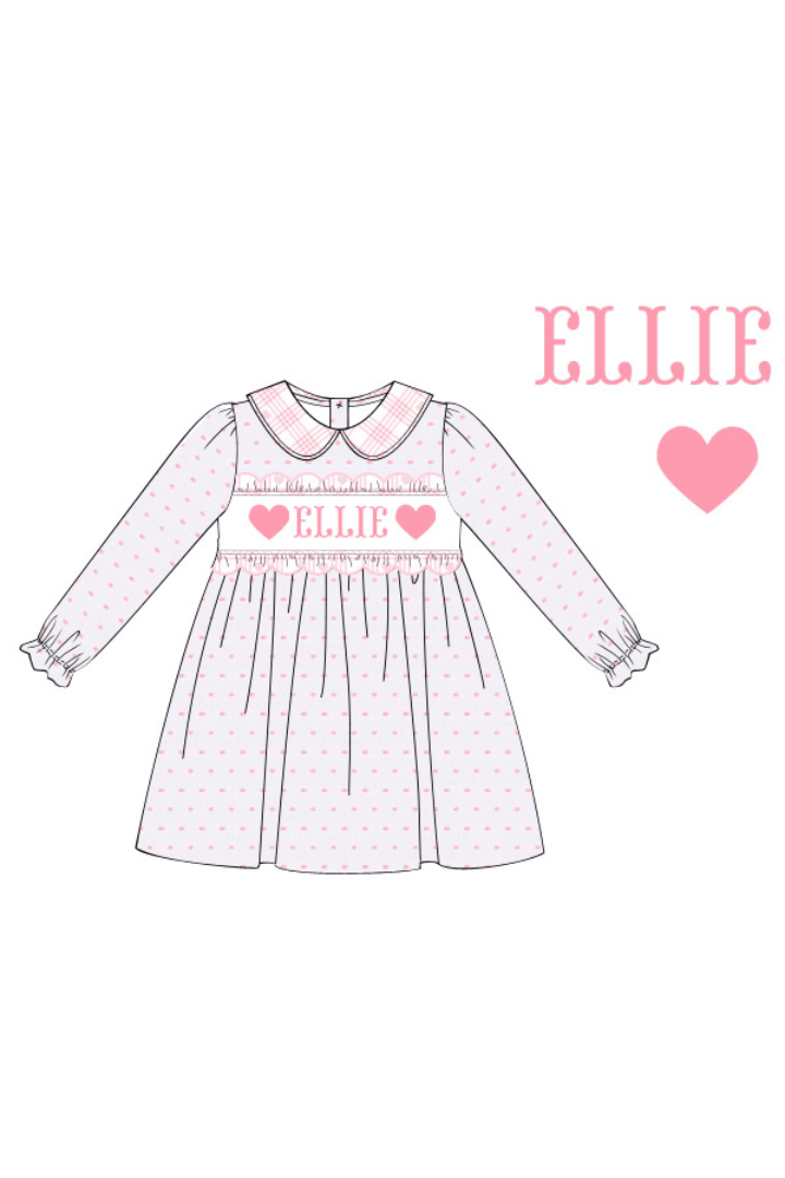 The Smocked Flamingo Pre-Order Custom Smocked White and Pink Swiss Dot Heart Dress