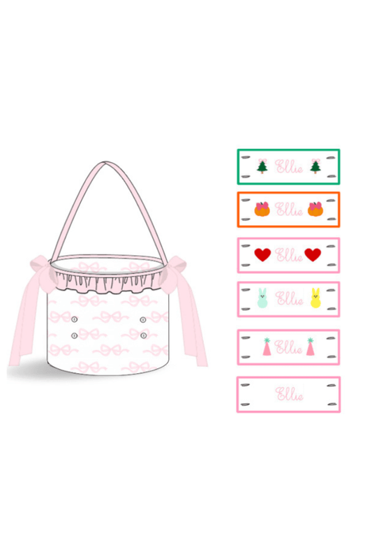 The Smocked Flamingo Pre-Order Embroidered 6 Tab Interchangeable Season Bow Pink Treat Basket