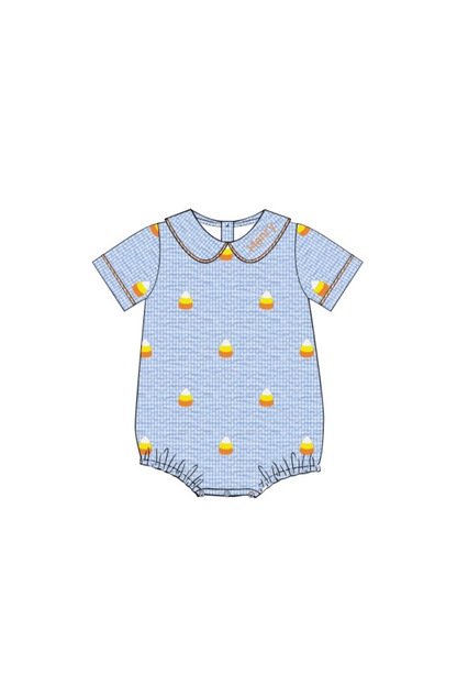 The Smocked Flamingo Pre-Order Embroidered Candy Corn Blue Gingham Seersucker Bubble