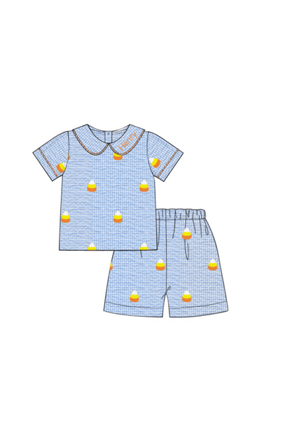 The Smocked Flamingo Pre-Order Embroidered Candy Corn Blue Gingham Seersucker Short Set