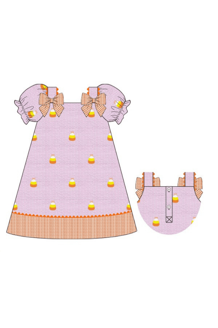 The Smocked Flamingo Pre-Order Embroidered Candy Corn Pink/Orange Gingham Seersucker Dress