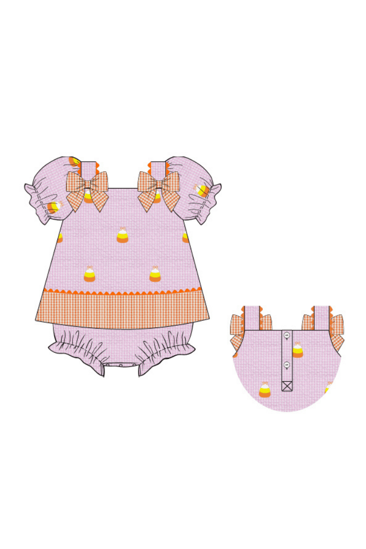 The Smocked Flamingo Pre-Order Embroidered Candy Corn Pink/Orange Gingham Seersucker Skirted Bubble