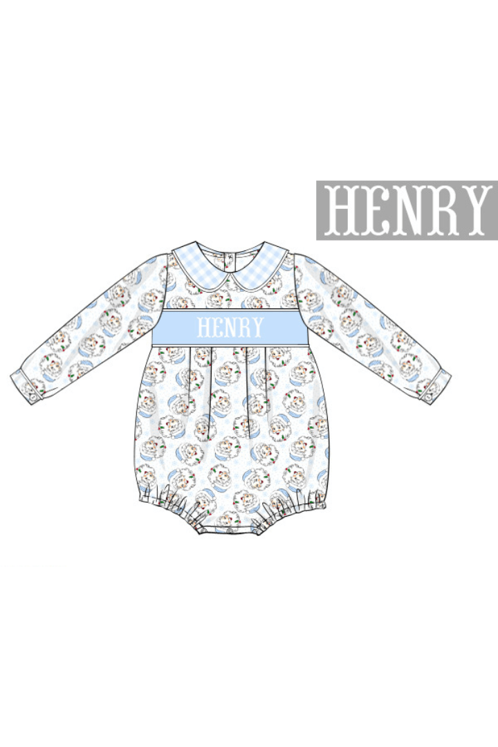 The Smocked Flamingo Pre-Order Embroidered Custom Name Blue Santa Bubble