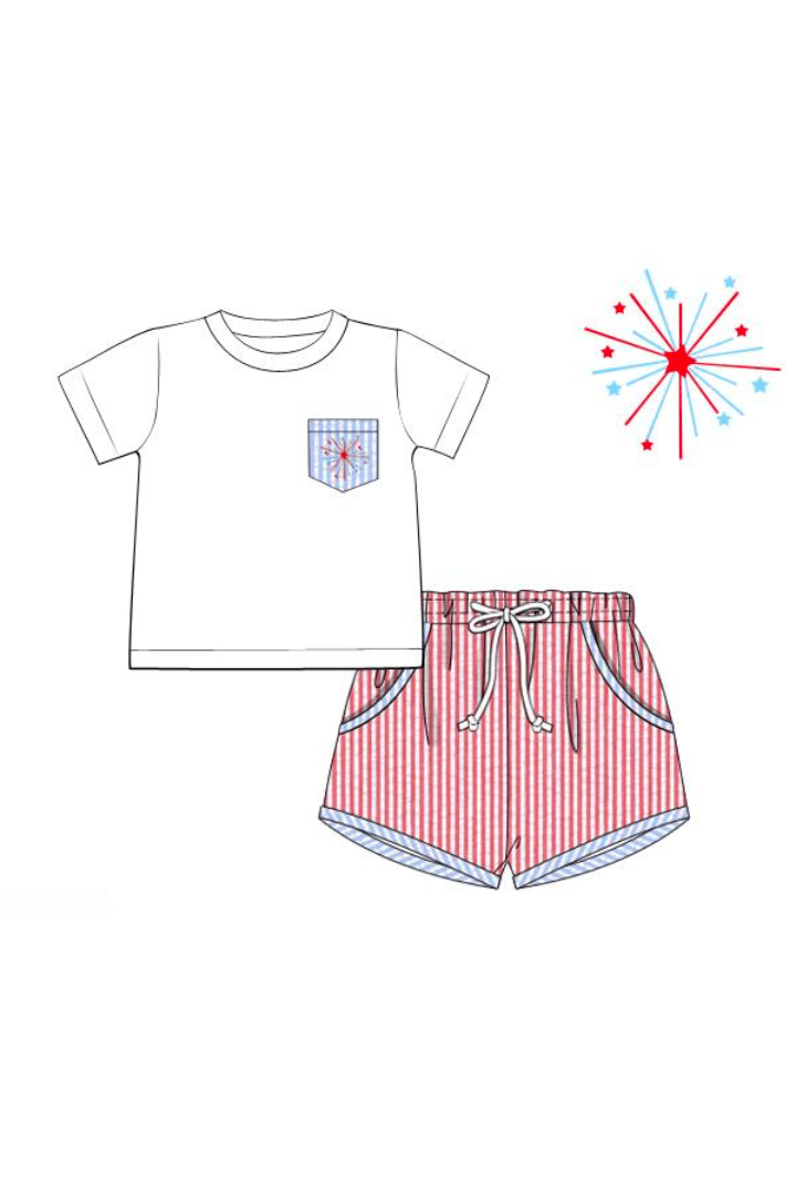 The Smocked Flamingo Pre-Order Embroidered Firework Seersucker Short Set