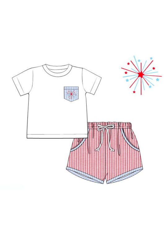 The Smocked Flamingo Pre-Order Embroidered Firework Seersucker Short Set