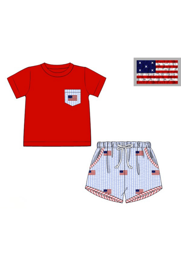 The Smocked Flamingo Pre-Order Embroidered Flag Seersucker Short Set