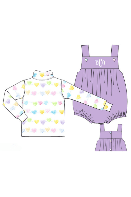 The Smocked Flamingo Pre-Order Embroidered Lavender Corduroy Conversation Heart Bubble Set