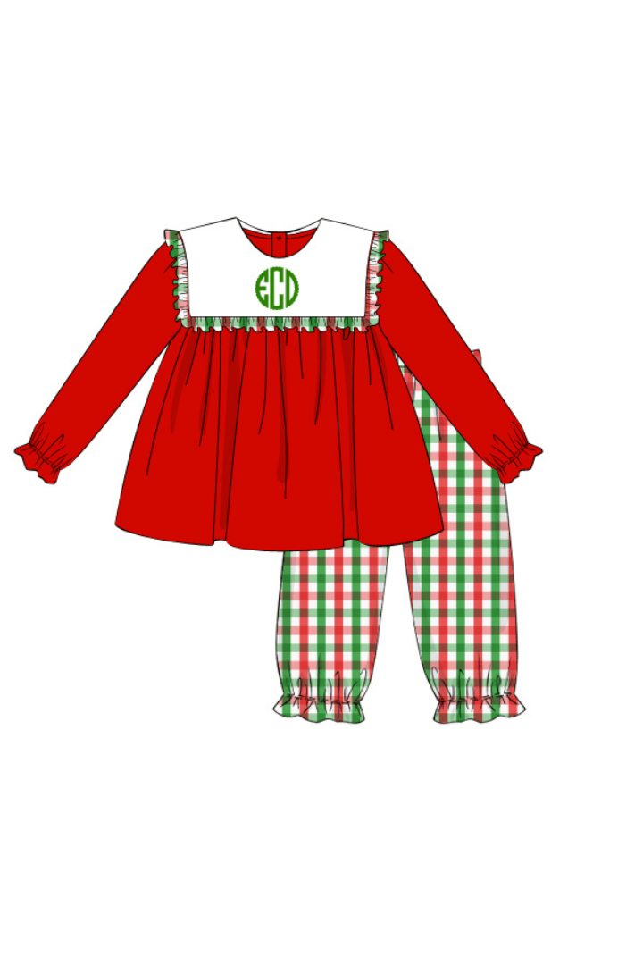 The Smocked Flamingo Pre-Order Embroidered Monogram Christmas Gingham Pant Set