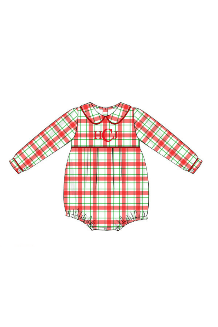 The Smocked Flamingo Pre-Order Embroidered Monogram Red/Green Plaid Bubble