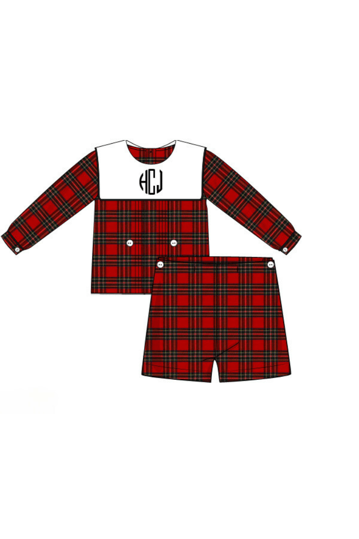 The Smocked Flamingo Pre-Order Embroidered Monogram Red Tartan Plaid Set