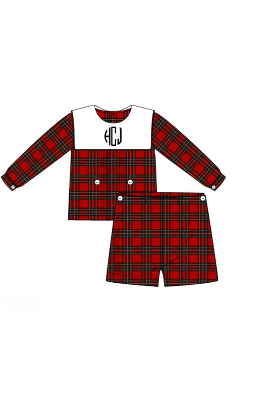 The Smocked Flamingo Pre-Order Embroidered Monogram Red Tartan Plaid Set