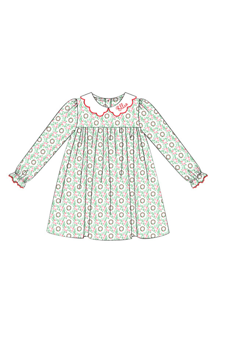 The Smocked Flamingo Pre-Order Embroidered Name Christmas Wreath Knit Dress