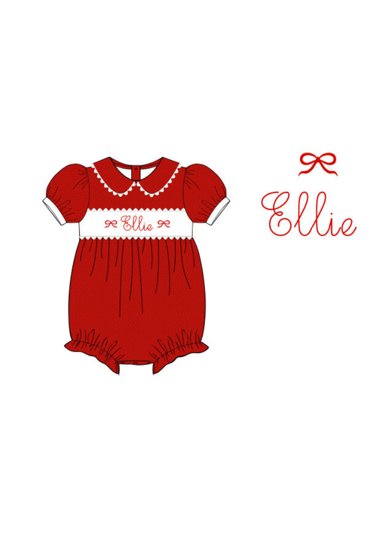 The Smocked Flamingo Pre-Order Embroidered Red Honeycomb Bow Bubble