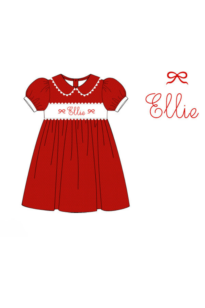 The Smocked Flamingo Pre-Order Embroidered Red Honeycomb Bow Dress