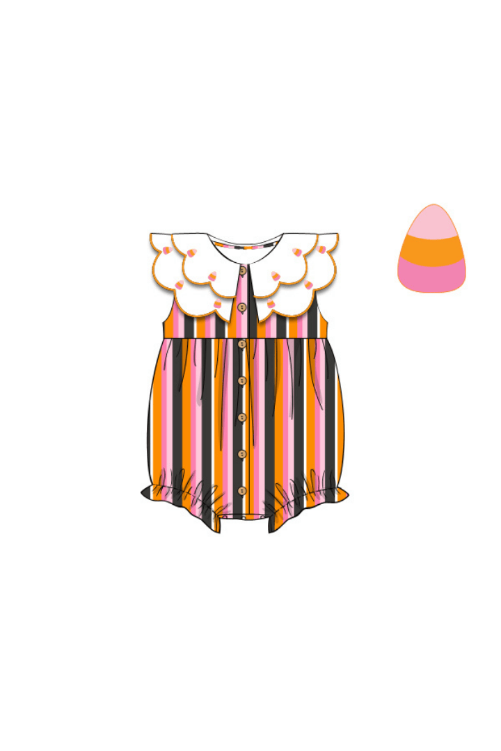 The Smocked Flamingo Pre-Order Embroidered Striped Candy. Corn Button Bubble