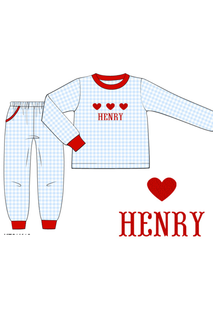 The Smocked Flamingo Pre-Order French Knot Custom Name Blue Heart Jogger Set