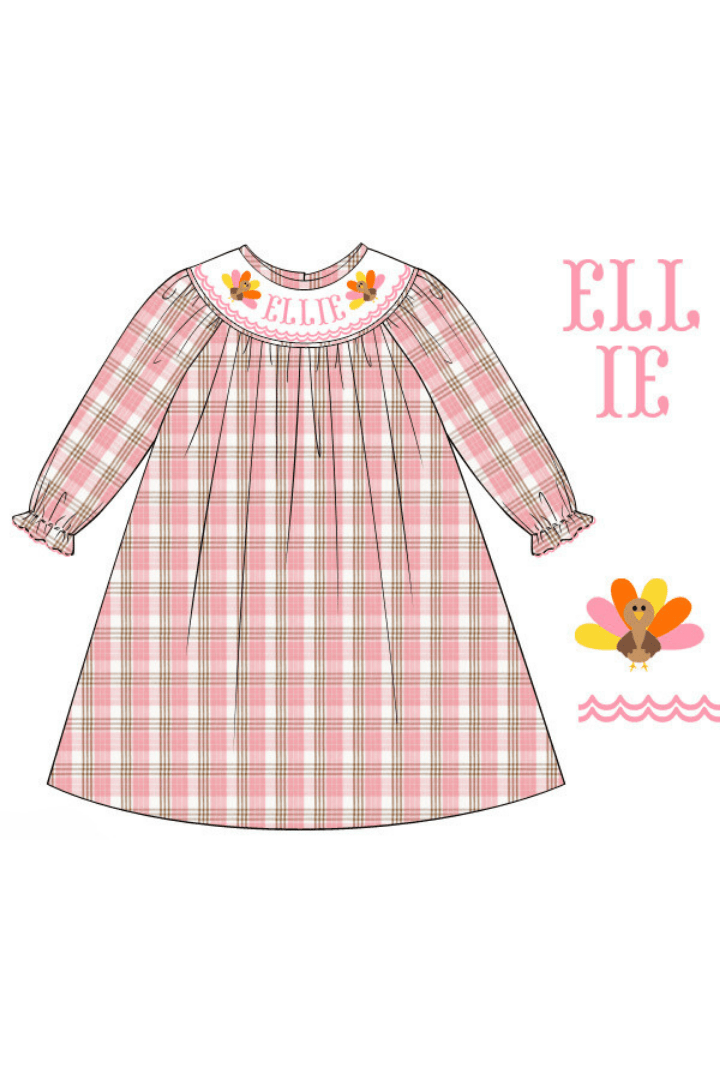 The Smocked Flamingo Pre-Order French Knot Custom Name Pink Plaid Dress