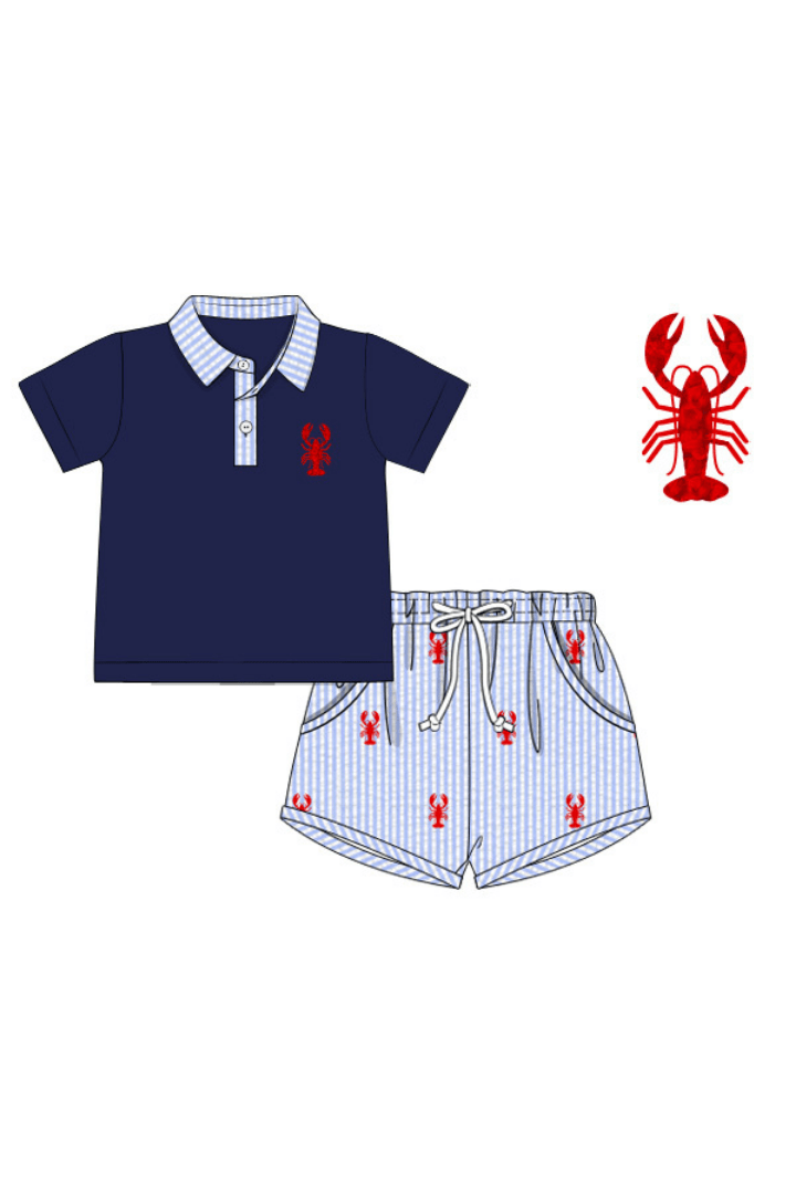 The Smocked Flamingo Pre-Order French Knot/Embroidered Lobster Blue Seersucker Short Set