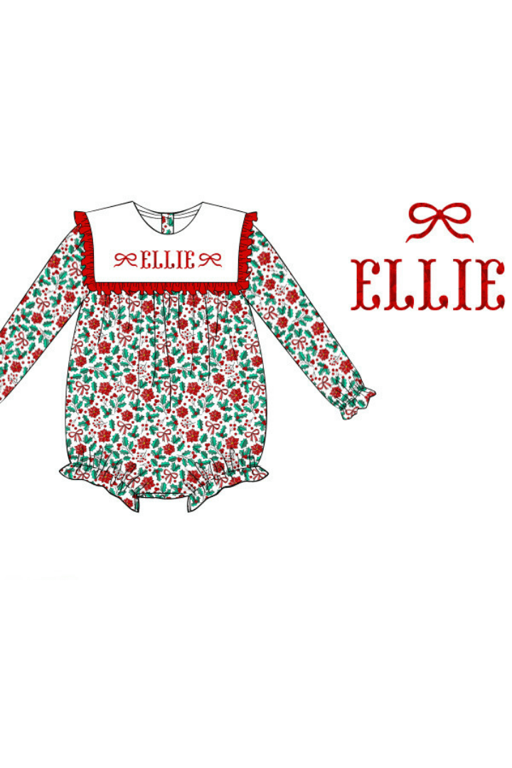The Smocked Flamingo Pre-Order French Knot Festive Holly Bow Bubble