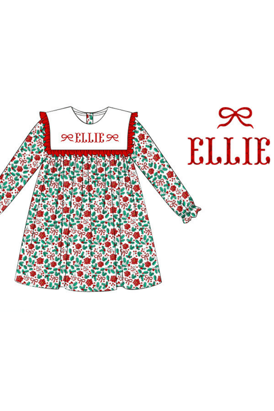 The Smocked Flamingo Pre-Order French Knot Festive Holly Bow Dress