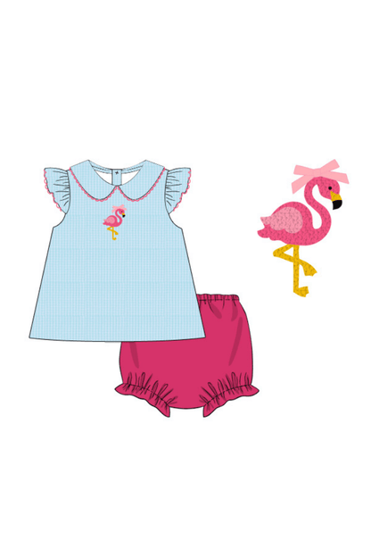 The Smocked Flamingo Pre-Order French Knot Flamingo Turquoise Seersucker Bloomer Set