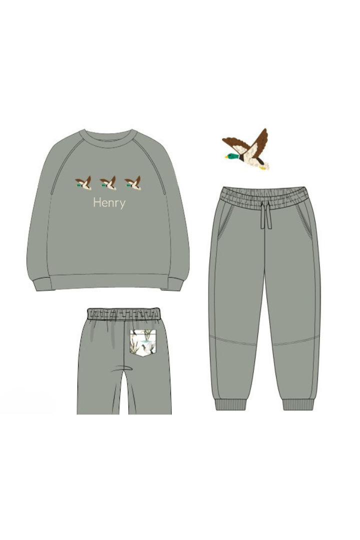 The Smocked Flamingo Pre-Order French Knot Mallard Sage Green Jogger Set
