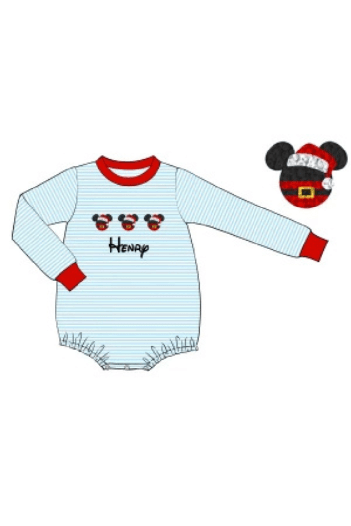The Smocked Flamingo Pre-Order French Knot Mickey Custom Name Blue Stripe Bubble