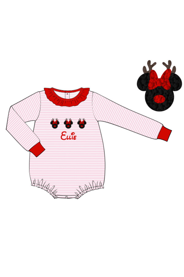 The Smocked Flamingo Pre-Order French Knot Minnie Custom Name Pink Stripe Bubble