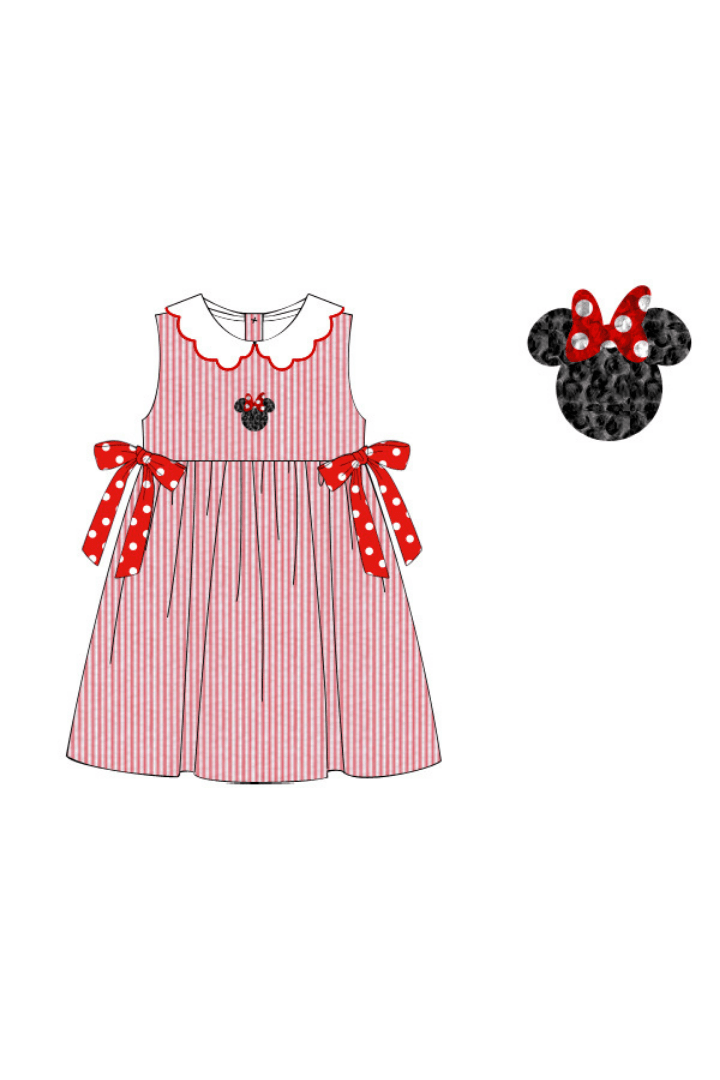 The Smocked Flamingo Pre-Order French Knot Mouse Red Seersucker Dress