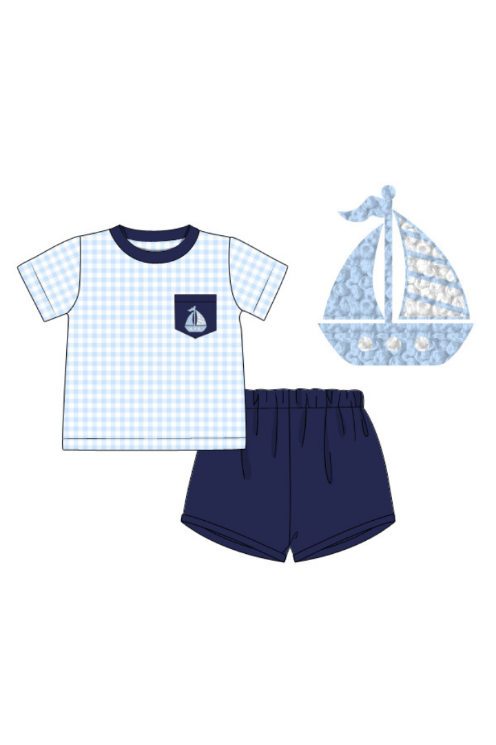 The Smocked Flamingo Pre-Order French Knot Sailboat Blue Gingham Short Set