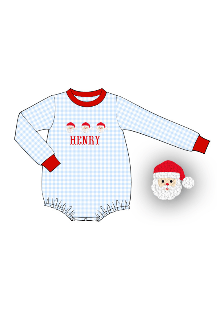 The Smocked Flamingo Pre-Order French Knot Santa Custom Name Blue Gingham Bubble